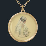 Vintage Wedding, Victorian Bride Bridal Portrait Gold Plated Necklace<br><div class="desc">Vintage illustration Victorian wedding portrait design featuring the bride in profile. The beautiful bride is in her wedding gown with veil holding a bridal bouquet of white flowers.</div>