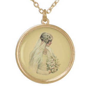 Vintage Wedding, Victorian Bride Bridal Portrait Gold Plated Necklace