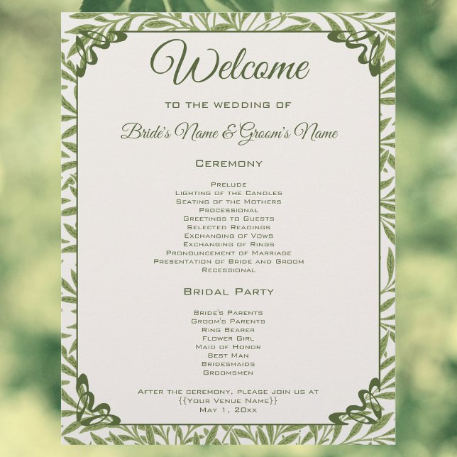 Vintage Wedding, Victorian Willow Leaves Program (Vintage Wedding, Victorian Willow Leaves Pattern by William Morris Wedding Day Program)