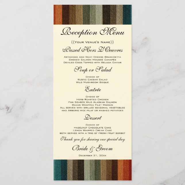 Vintage Wedding, Warm Autumn Stripes Pattern Menu (Front)