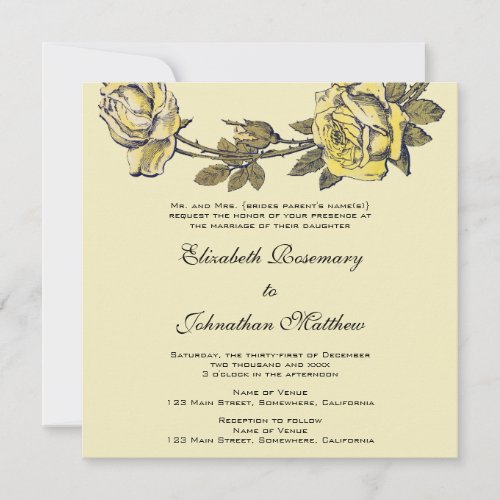 Vintage Wedding, Yellow Antique Garden Rose Wreath Personalized Invites