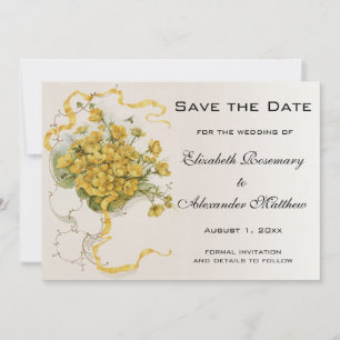 Vintage Wedding, Yellow Buttercup Flowers and Bees Save The Date