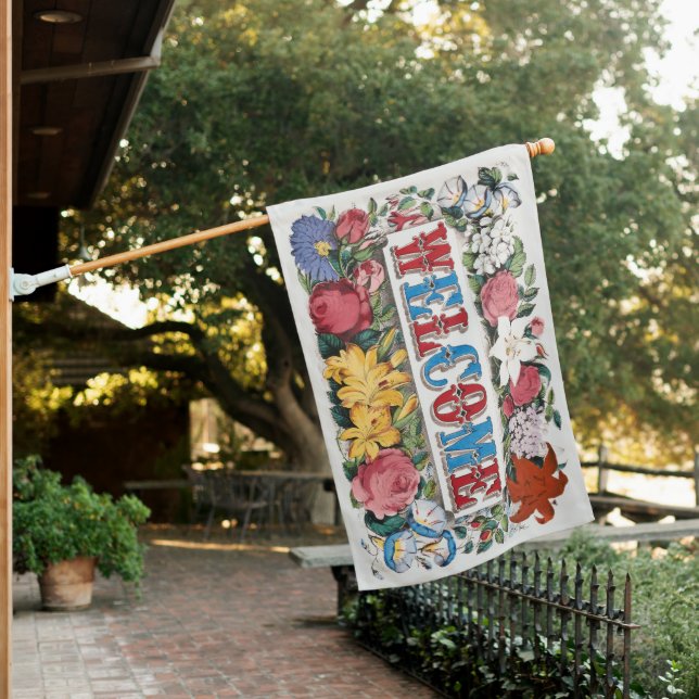 Vintage WELCOME Flowers Housewarming Party  House Flag (In SItu)