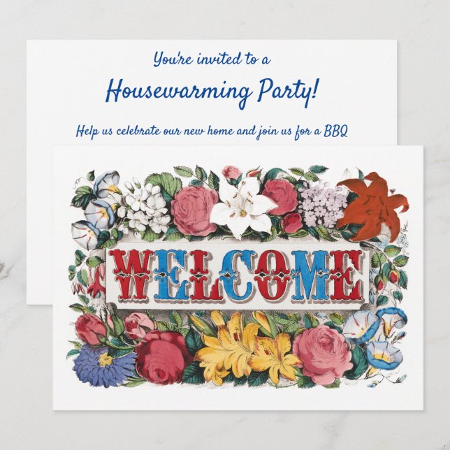 Vintage WELCOME Flowers Housewarming Party  Invitation (Front/Back)