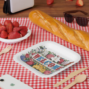 Vintage WELCOME Flowers Housewarming Party Paper Plates