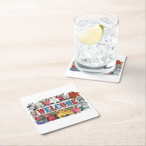 Vintage WELCOME Flowers Housewarming Party  Square Paper Coaster