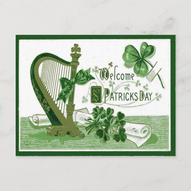 Vintage Welcome Shamrock Harp St Patrick's Day Postcard (Front)