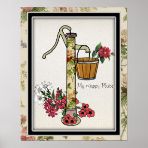 Vintage Well Pump in Happy Garden Place Poster