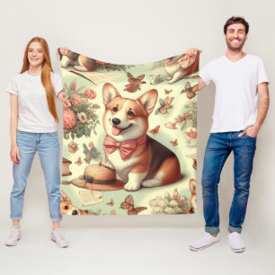 Vintage Welsh Corgi Cardigan Illustration Fleece Blanket