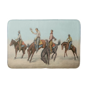 Vintage Western 4 Cowboys On Bucking Horses Bath Mat
