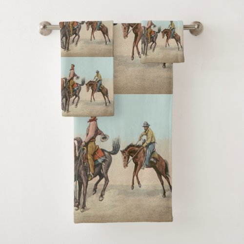 Vintage Western 4 Cowboys On Bucking Horses  Bath Towel Set