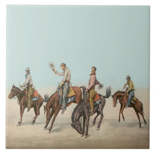 Vintage Western 4 Cowboys On Bucking Horses  Ceramic Tile