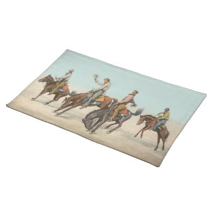 Vintage Western 4 Cowboys On Bucking Horses Cloth Placemat