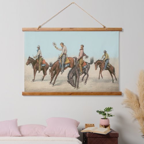 Vintage Western 4 Cowboys On Bucking Horses  Hanging Tapestry