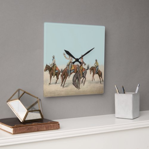 Vintage Western 4 Cowboys On Bucking Horses   Square Wall Clock