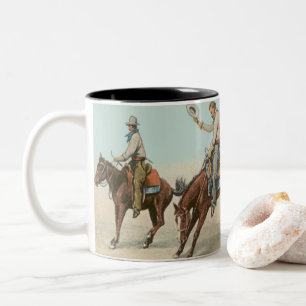 Vintage Western 4 Cowboys On Bucking Horses Two-Tone Coffee Mug