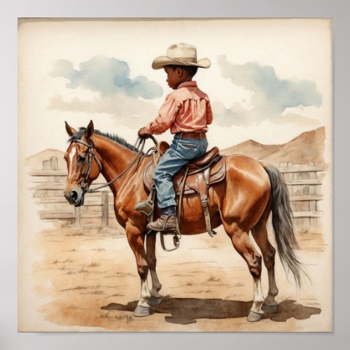 Vintage Western Art African American Boy on Horse Poster