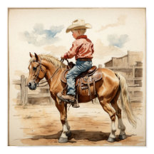 Vintage Western Art Blonde Boy on Horse
