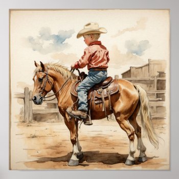 Vintage Western Art Blonde Boy On Horse Poster by HydrangeaBlue at Zazzle