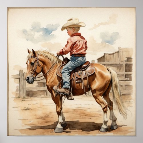 Vintage Western Art Blonde Boy on Horse Poster