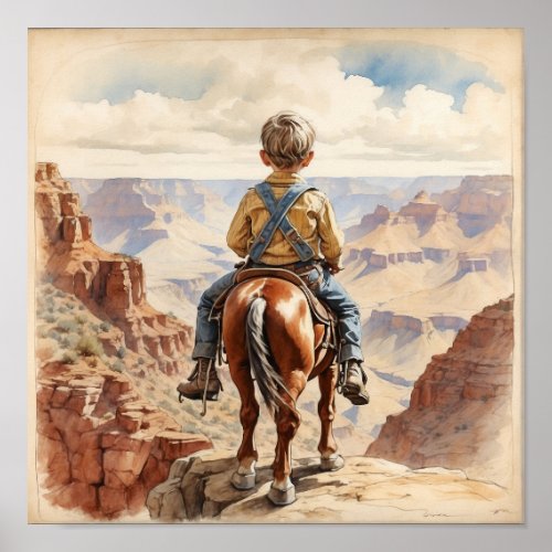 Vintage Western Art Blonde Boy on Horse Poster