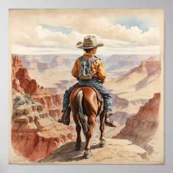 Vintage Western Art Brunette Boy On Horse Poster by HydrangeaBlue at Zazzle