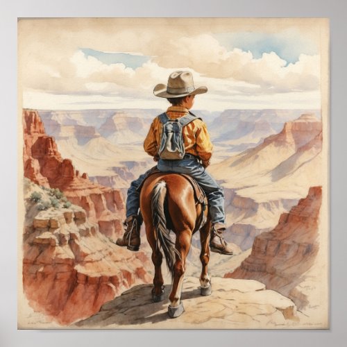 Vintage Western Art Brunette Boy on Horse Poster