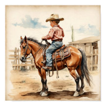 Vintage Western Art Brunette Boy on Horse