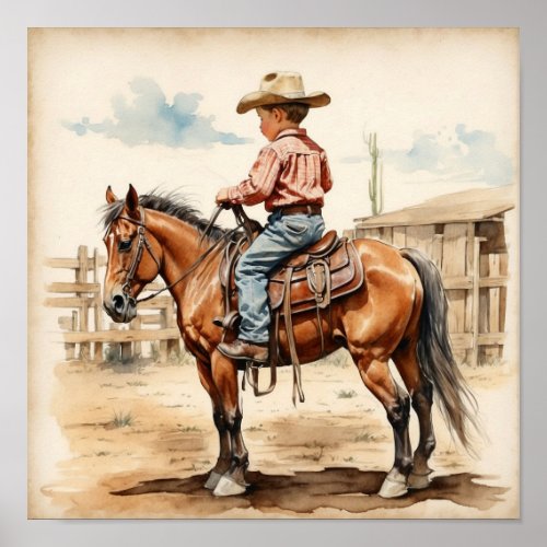 Vintage Western Art Brunette Boy on Horse Poster