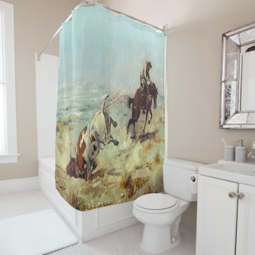 Vintage Western Art Cowboy Roping A Steer Shower Curtain