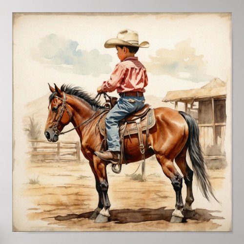 Vintage Western Art Ethnic Boy on Horse Poster