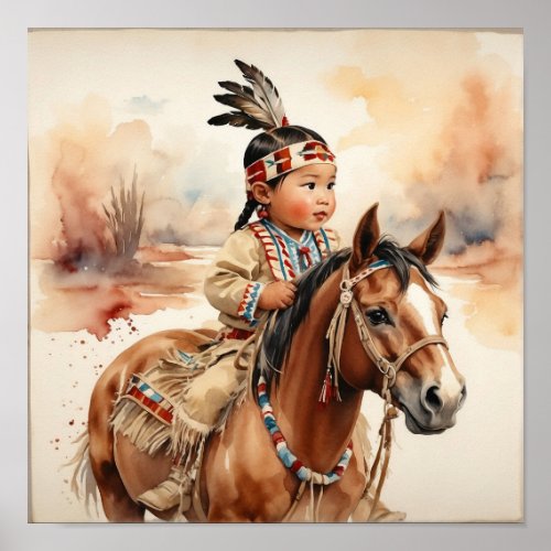 Vintage Western Art Native American Baby on Horse Poster