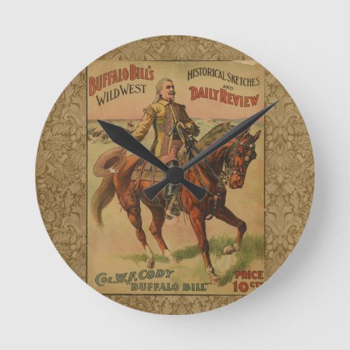 Vintage Western Buffalo Bill Artwork Illustration Round Clock