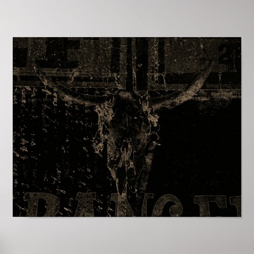 Vintage Western Bull Skull Black Distressed Poster