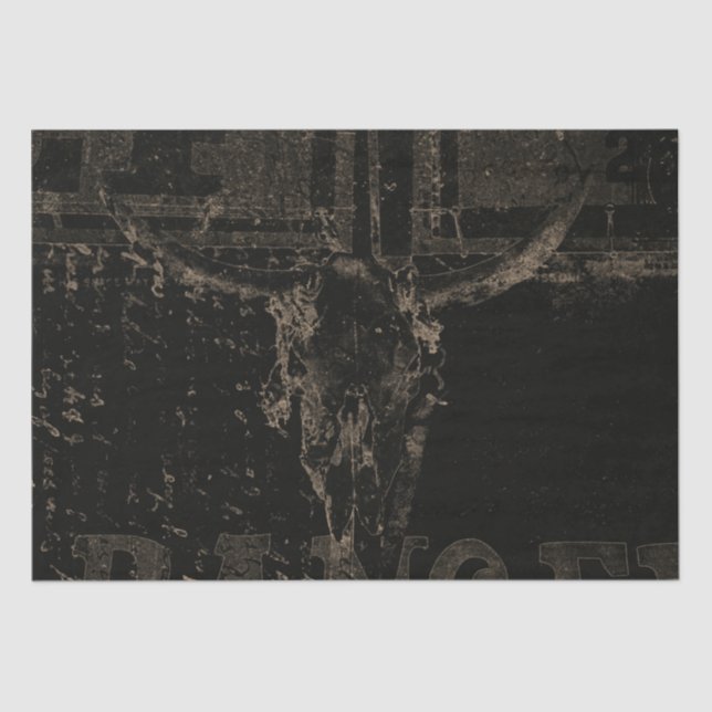 Vintage Western Bull Skull Black Distressed Tissue Paper (Front)