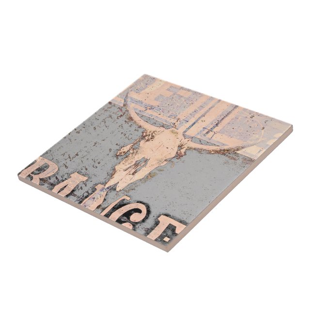 Vintage Western Bull Skull Gray Rustic Ceramic Tile (Side)