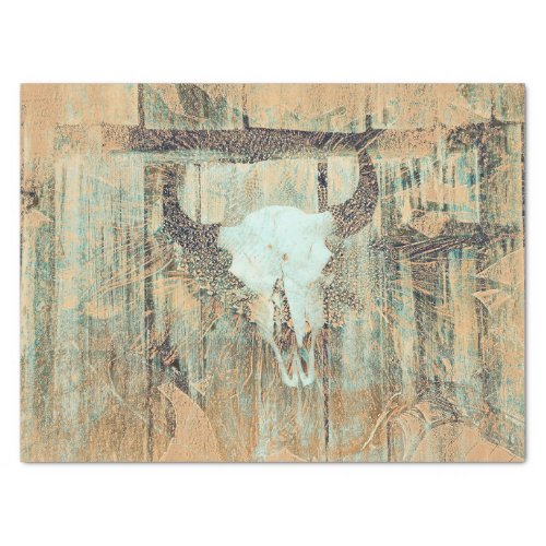 Vintage Western Bull Skull Teal Brown Abstract Art Tissue Paper