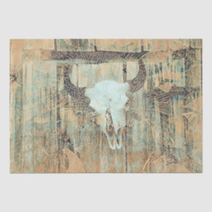 Vintage Western Bull Skull Teal Brown Abstract Art Tissue Paper