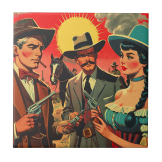 Vintage Western Comics Illustration Ceramic Tile