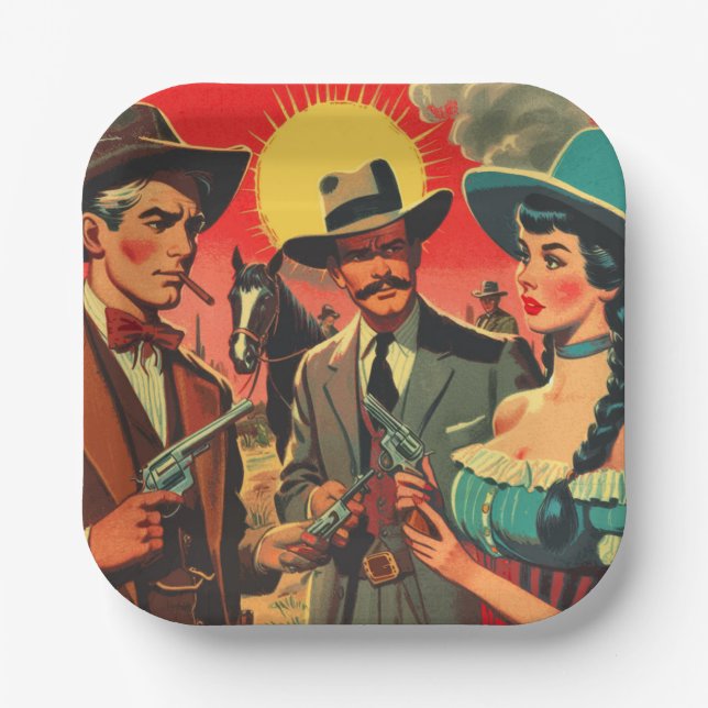 Vintage Western Comics Illustration Paper Plates (Front)