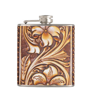 Vintage Western country cowboy tooled leather Hip Flask