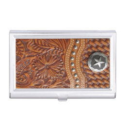 vintage western country pattern studded leather case for business cards