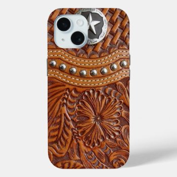 Vintage Western Country Pattern Studded Leather Iphone 15 Case by WhenWestMeetEast at Zazzle