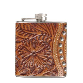 Vintage Western Country Pattern Studded Leather Flask by WhenWestMeetEast at Zazzle
