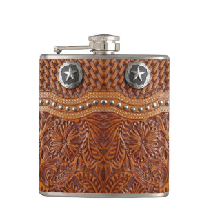 vintage western country pattern studded leather flask