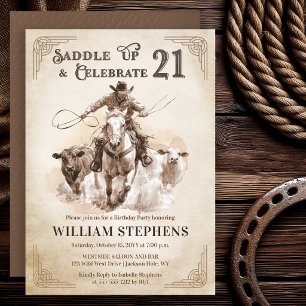 Vintage Western Cowboy Adult 21st Birthday Party Invitation