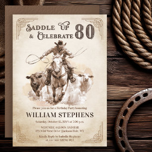 Vintage Western Cowboy Adult 80th Birthday Party Invitation