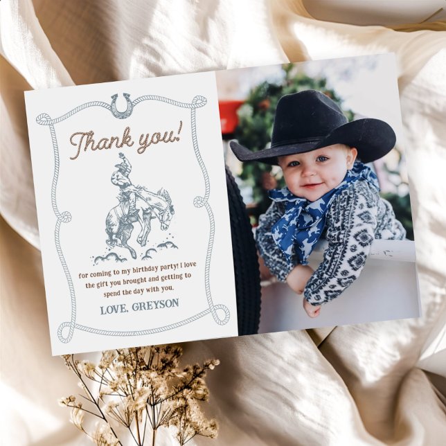 Vintage Western Cowboy Birthday Photo Thank You Card (Creator Uploaded)