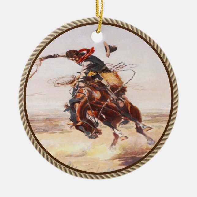 Vintage Western Cowboy Bronc Rider Ceramic Ornament (Front)