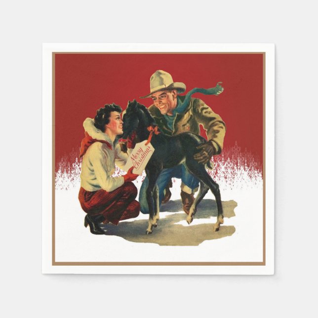 Vintage Western Cowboy Cowgirl Horse Christmas Napkins (Front)